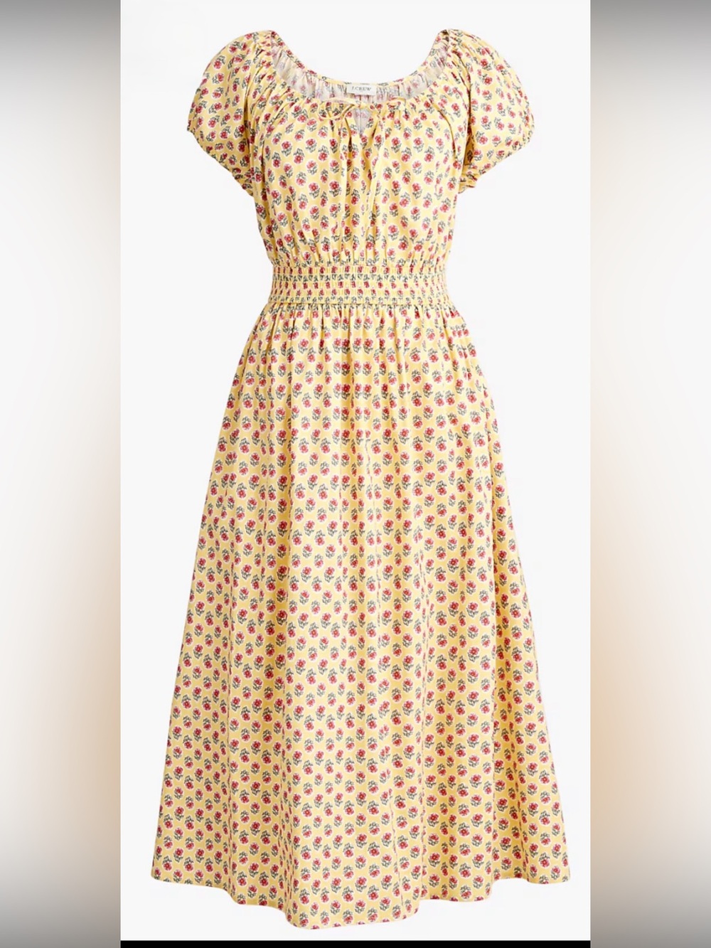 J Crew Ruffled Sleeves Yellow Floral Smocked Waist Midi Dress Cotton S NWT